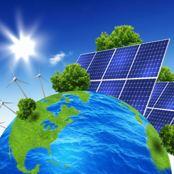 Green planet earth with solar energy batteries installed on it